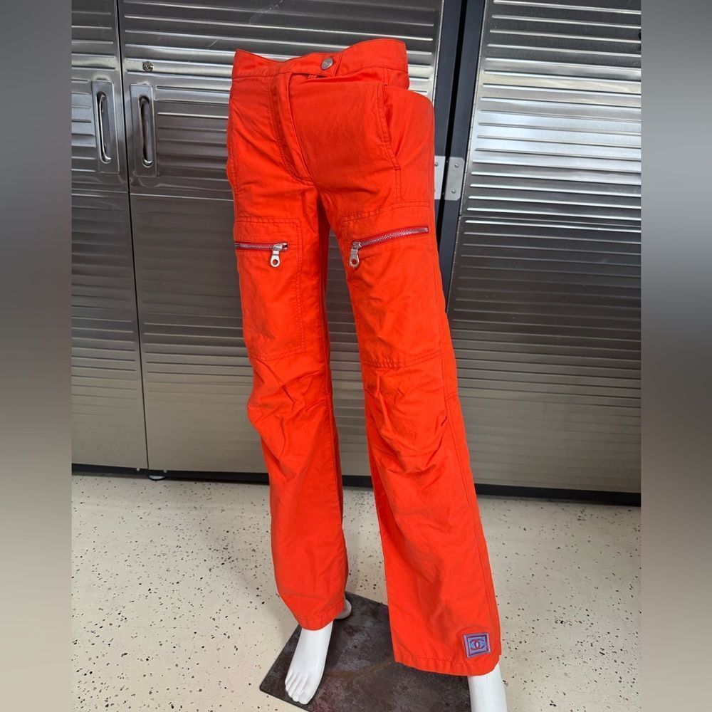 Vintage Y2K Chanel Cargo Pants Orange Utility Zip Pockets CC Logo Size 34